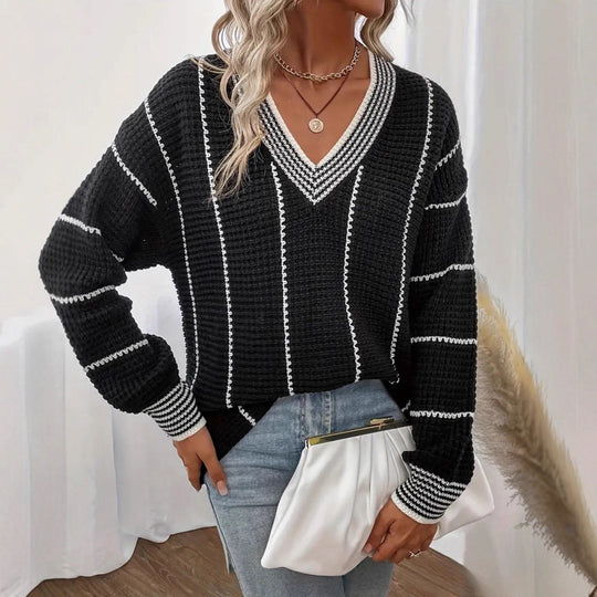 Damen grober Strickpullover mit eleganter V-Ausschnittgestaltung und modischem Streifenmuster R&B