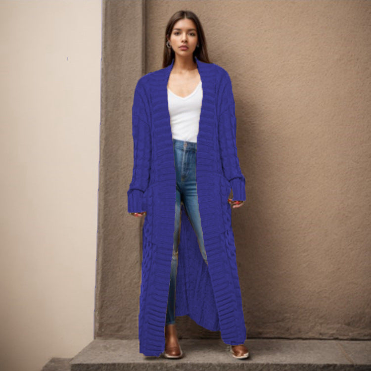 Damen Langer Strickcardigan mit raffiniertem Zopfdesign und praktischen Taschen R&B