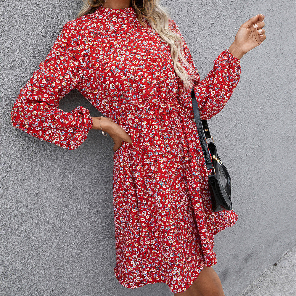 Damen florales Midikleid mit hochgeschlossenem Kragen und Taillengürtel R&B