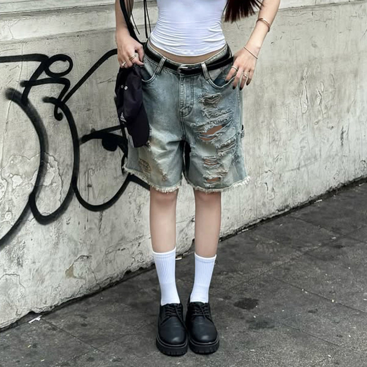 Damen Destroyed Denim-Shorts mit hohem Bund und ausgefransten Säumen R&B