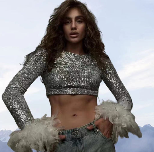 Damen Cropped Oberteil mit funkelndem Paillettenbesatz und fluffigen Ärmelbündchen R&B