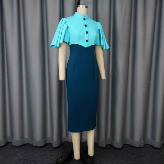 Damen figurbetontes Kleid mit eleganter Stehkragen und kunstvollen Puffärmeln R&B