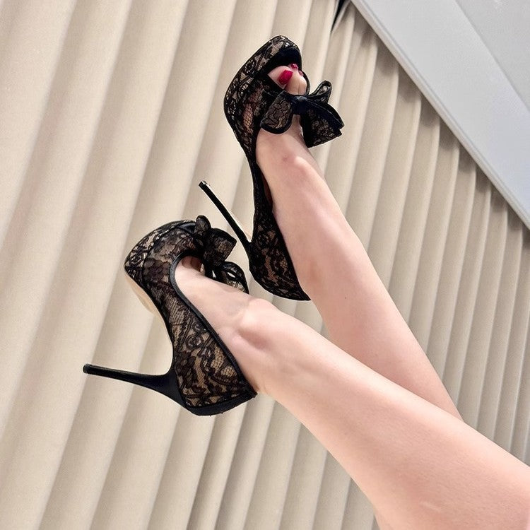 Damen Spitzen High Heel Pumps mit Schleifenakzent R&B