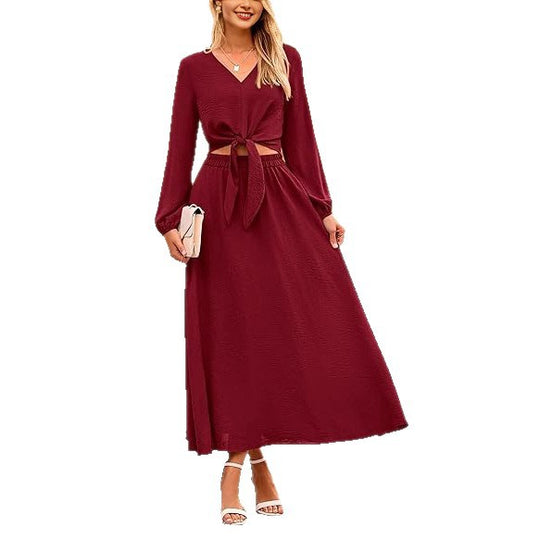 Damen Binde-Kleid mit langen Ärmeln und Rundhalsausschnitt R&B