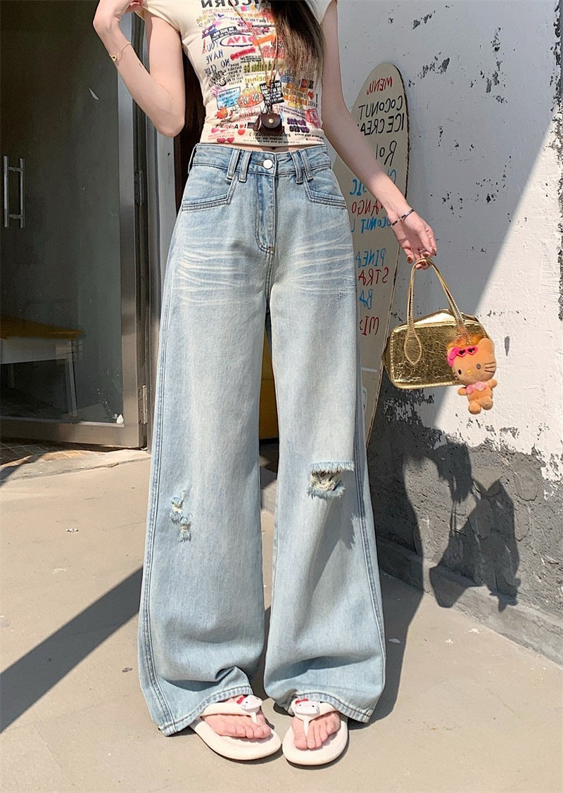 Damen Weite Denim-Jeans im lässigen Vintage-Stil mit modischen Rissen R&B