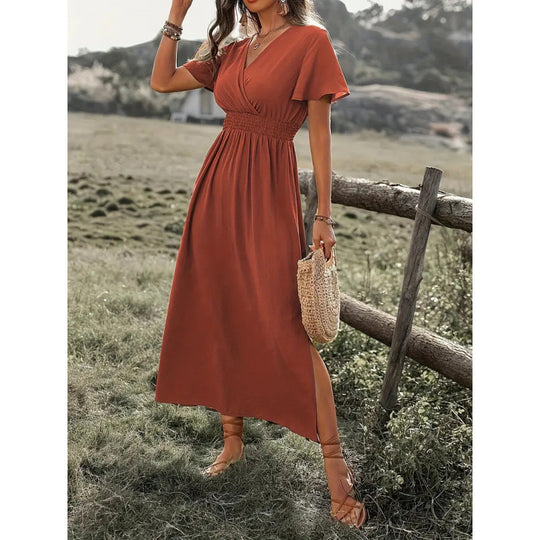 Damen Maxikleid mit fließendem Schnitt und Wickeldetails R&B