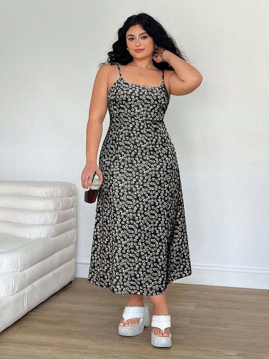 Damen Maxikleid mit feinem Blumenmuster und verstellbaren Spaghettiträgern R&B
