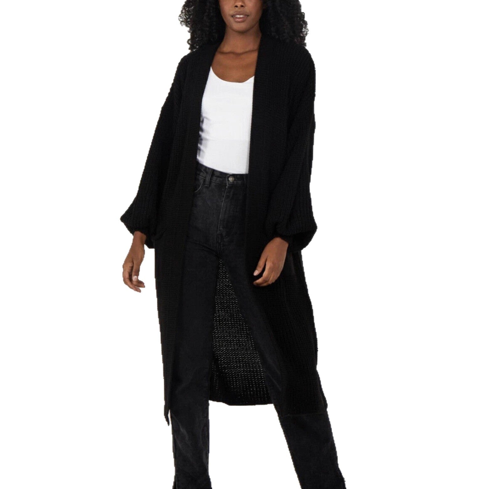 Damen Langer Strickcardigan mit voluminösen Ärmeln und offenem Schnitt R&B
