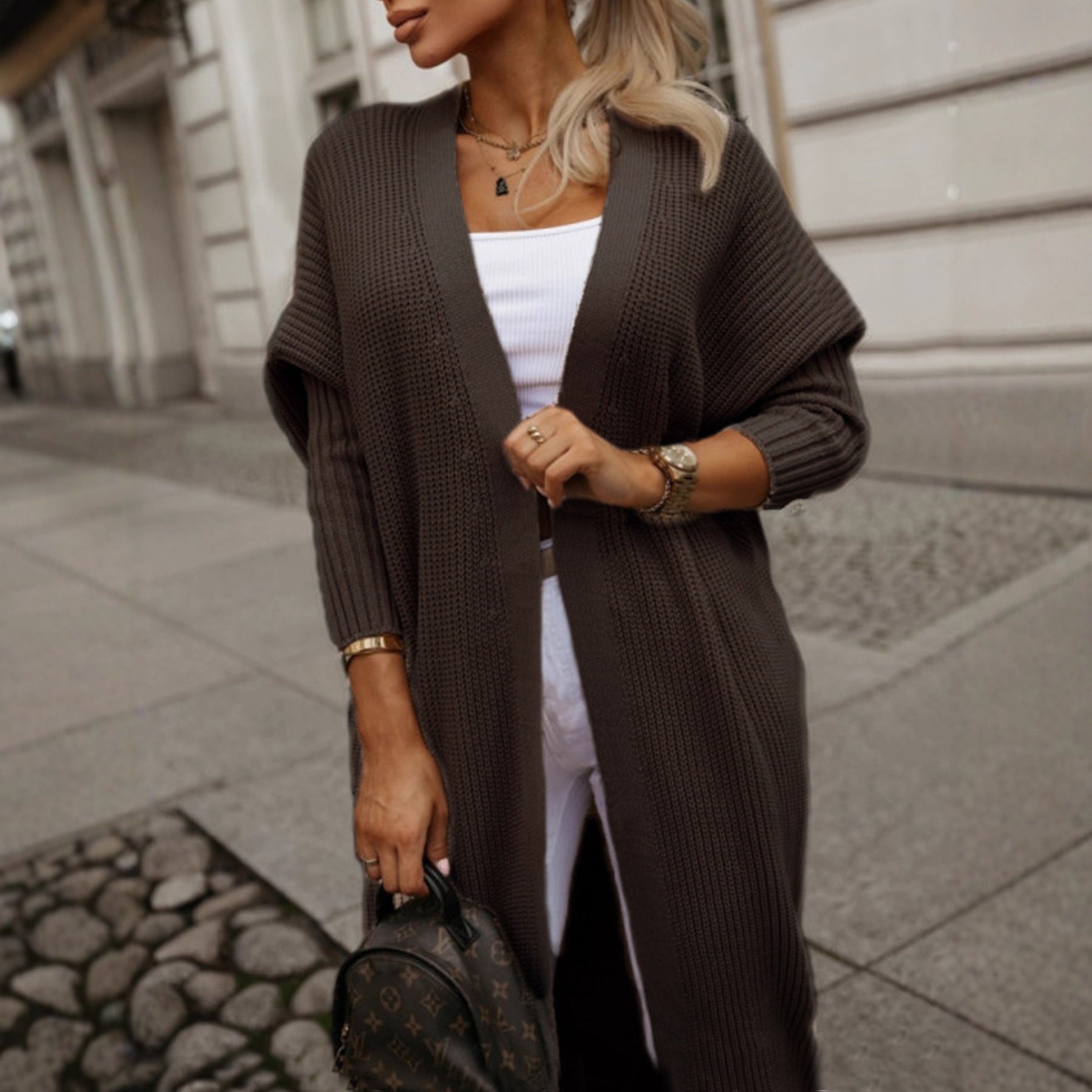 Damen modische Langarm Strickjacke mit offenem Schnitt und Waffelmuster
