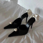 Damen stilvolle High Heel Mules mit zarter Blumenapplikation R&B