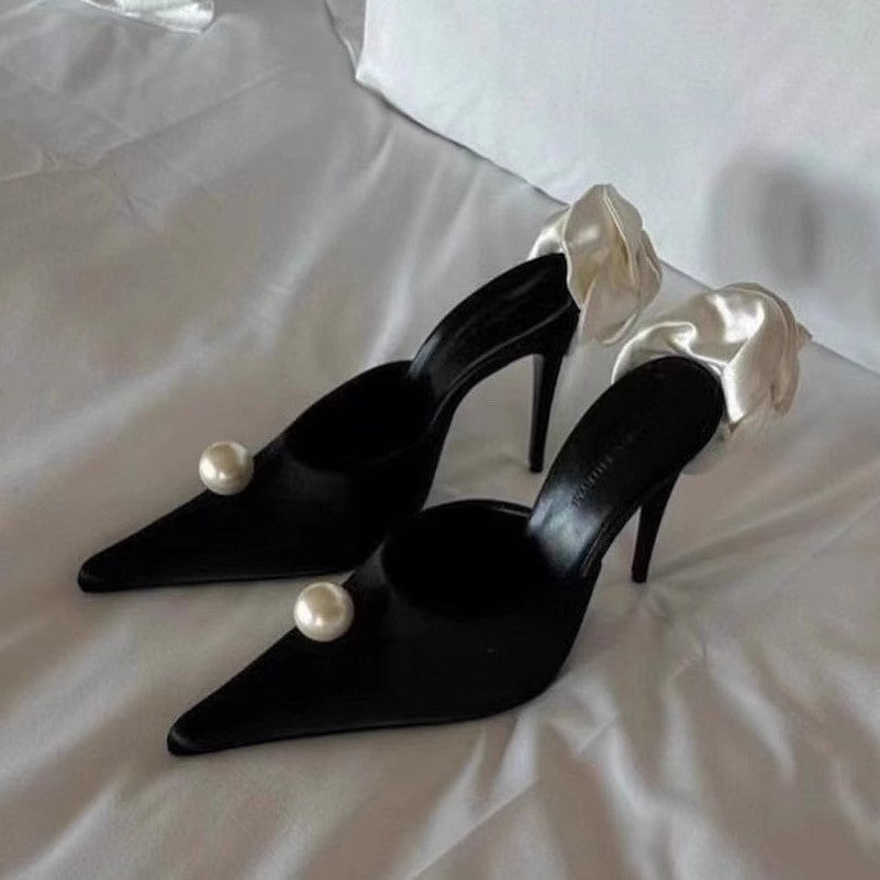 Damen stilvolle High Heel Mules mit zarter Blumenapplikation R&B