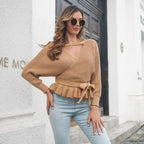 Damen Wickelpullover mit Rüschensaum und Taillengurt R&B