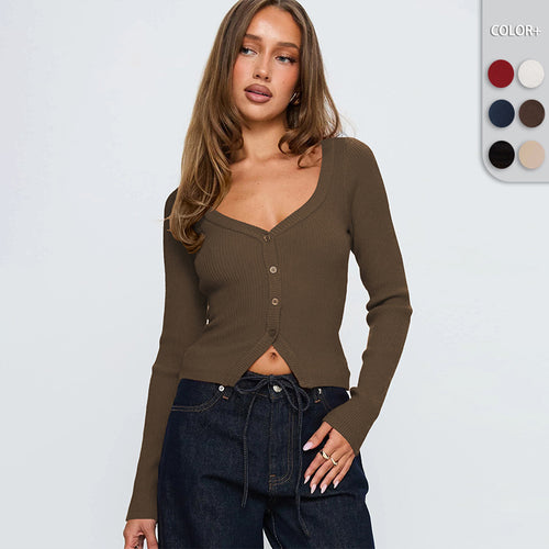 Damen Elegantes Ripp-Cardigan mit V-Ausschnitt und Knopfleiste R&B