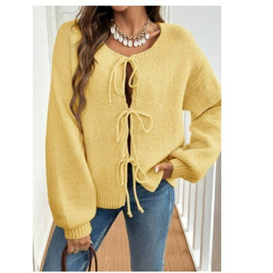 Damen Strickpullover mit dekorativem Schnürdesign und lässigen Ballonärmeln R&B