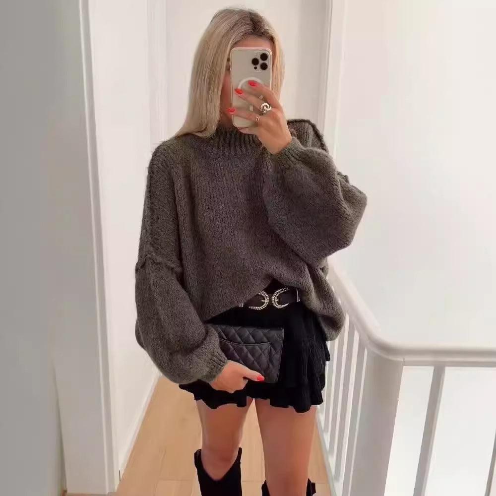Damen lockerer Strickpullover mit hohem Kragen und überschnittenen Schultern R&B