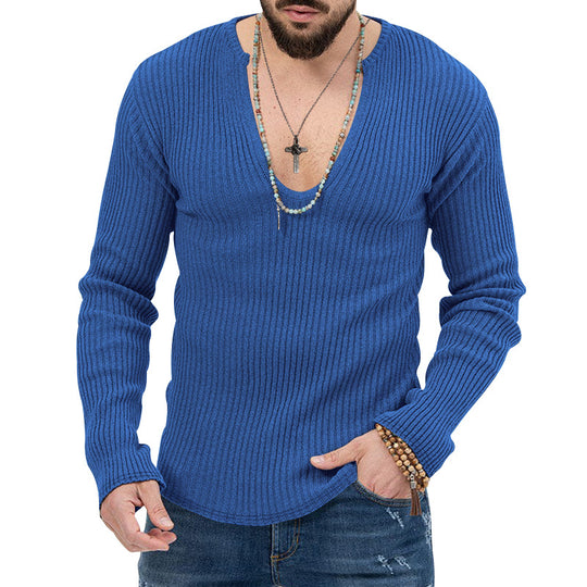 Herren lässiger Ripp-Pullover mit tiefem V-Ausschnitt und feiner Struktur R&B