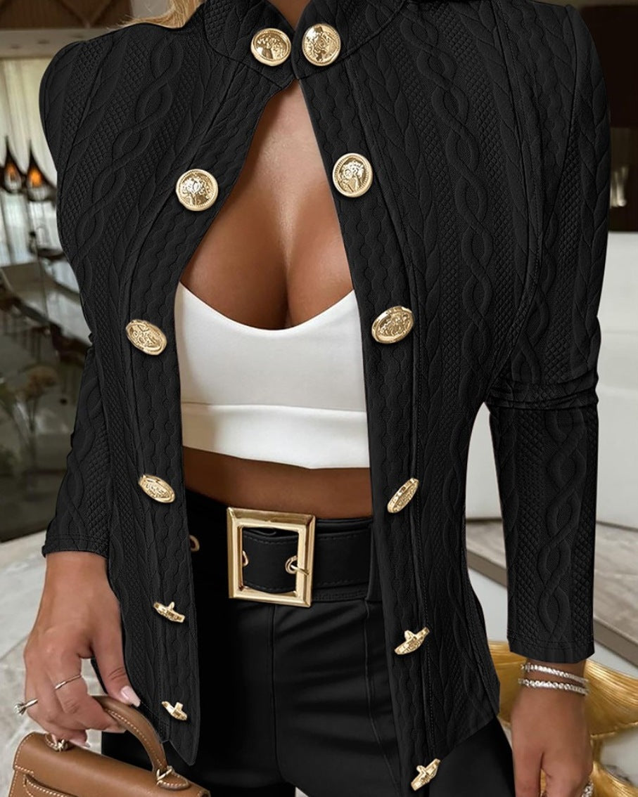 Damen Eleganter Strickblazer mit goldenen Knöpfen und Stehkragen R&B