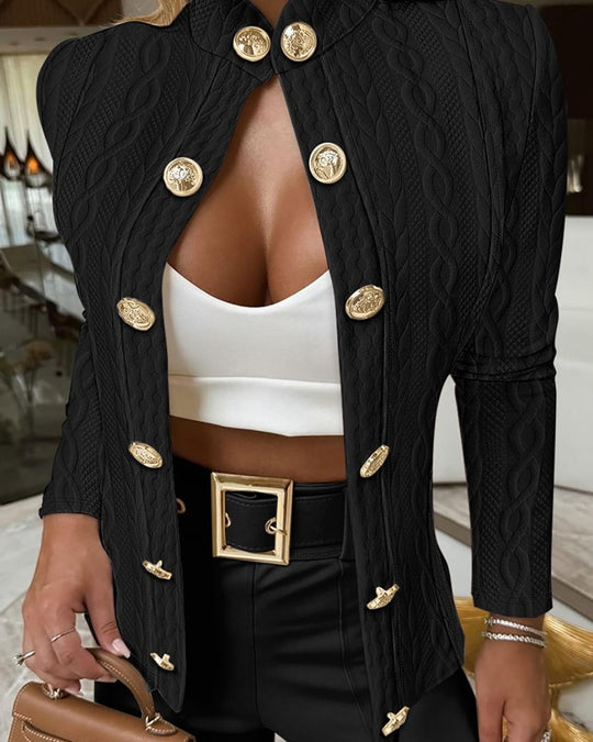 Damen Eleganter Strickblazer mit goldenen Knöpfen und Stehkragen R&B