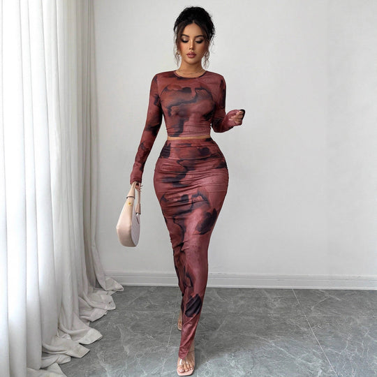Damen nan zweiteiliges figurbetontes Set aus elastischem Mesh mit langärmligem Crop-Top, Daumenloch und gerafftem Midirock R&B