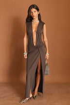 Damen Maxikleid mit tiefem V-Ausschnitt und seitlichem Schlitz R&B