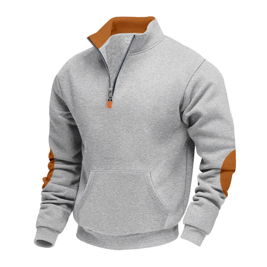 Herren nan isolierter Halbzip-Pullover mit Stehkragen Fleece-Innenfutter Kängurutasche und Wildleder-Ellenbogenpatches R&B