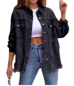 Damen Stylische Overshirt-Jacke mit fransigem Saum R&B