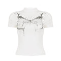 Damen Kurzarm-T-Shirt mit elegantem Schmetterlingsdesign und Stehkragen R&B