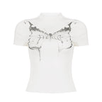 Damen Kurzarm-T-Shirt mit elegantem Schmetterlingsdesign und Stehkragen R&B