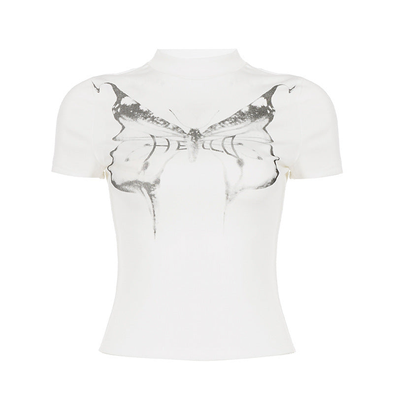 Damen Kurzarm-T-Shirt mit elegantem Schmetterlingsdesign und Stehkragen R&B