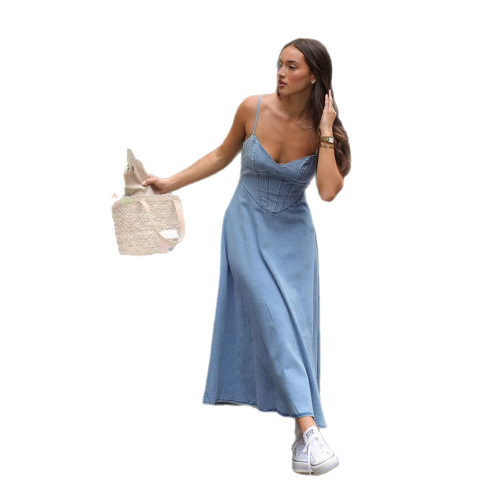 Damen Midikleid mit süßem Herzen-Ausschnitt und verstellbaren Trägern R&B