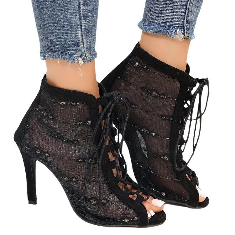 Damen Peep-Toe Stiefeletten mit Schnürung und transparentem Obermaterial R&B