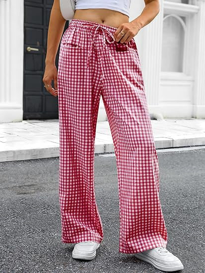 Damen Weit geschnittene Karohose mit elastischem Bund und praktischen Taschen R&B