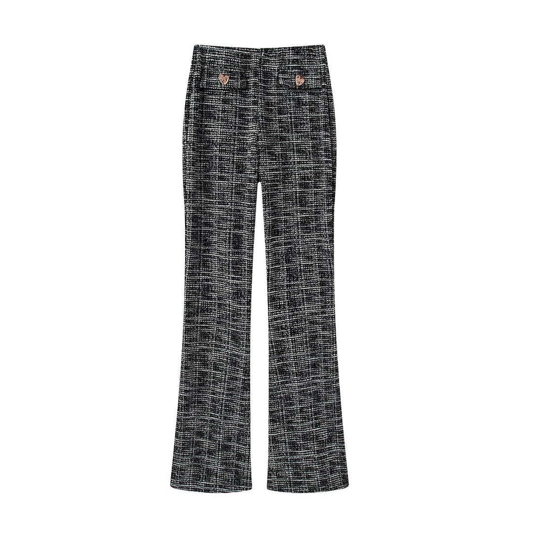 Damen elegante Karohose mit schmalem Schnitt und dekorativen Knöpfen R&B