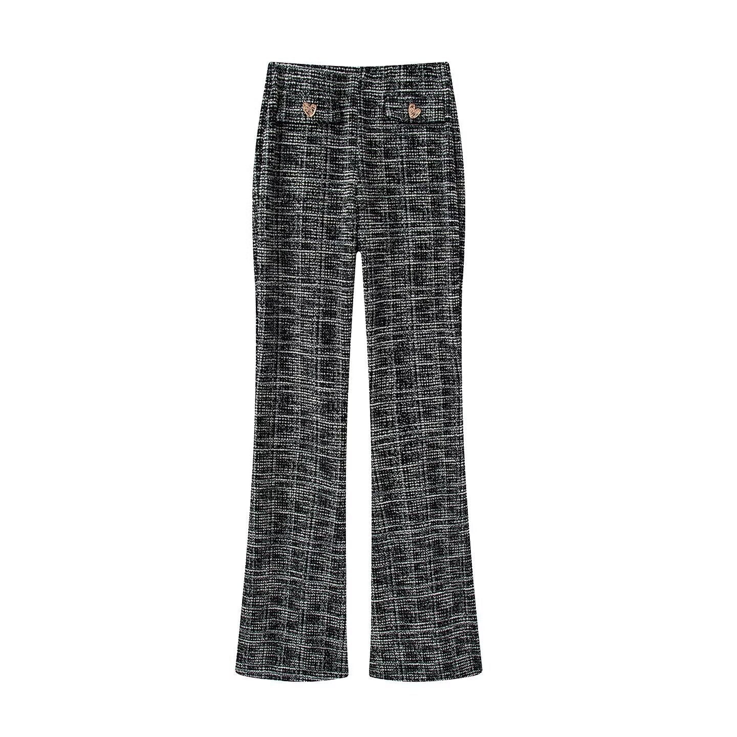Damen elegante Karohose mit schmalem Schnitt und dekorativen Knöpfen R&B