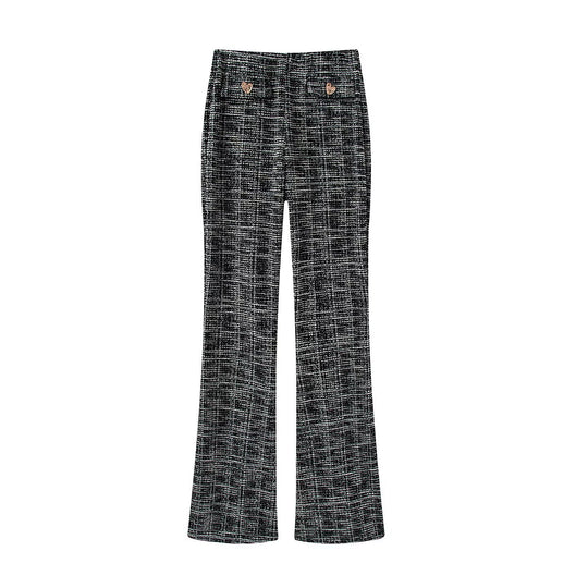 Damen elegante Karohose mit schmalem Schnitt und dekorativen Knöpfen R&B
