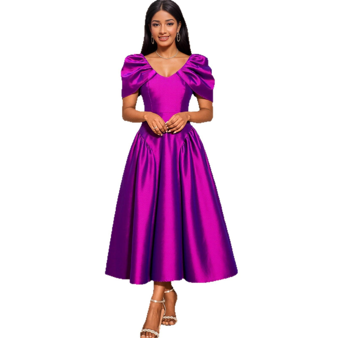 Damen Elegantes Satin Abendkleid mit voluminösen Puffärmeln R&B