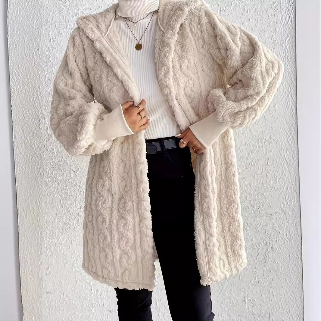 Damen Kapuzenmantel aus weichem Plüschmaterial mit strukturiertem Design R&B