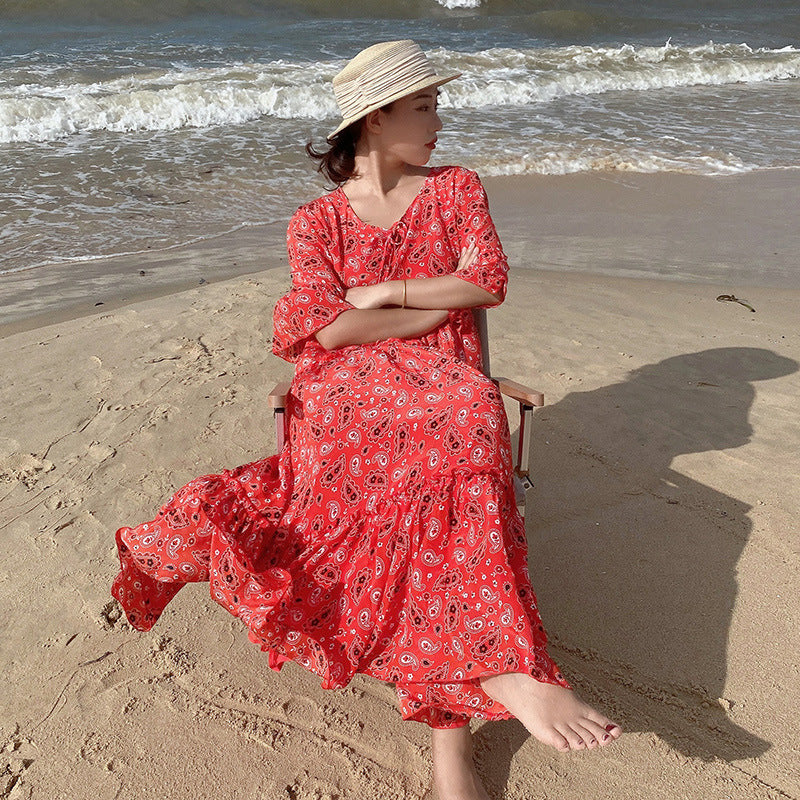 Damen fließendes Maxikleid mit schickem Paisleymuster und Taillenbindung R&B