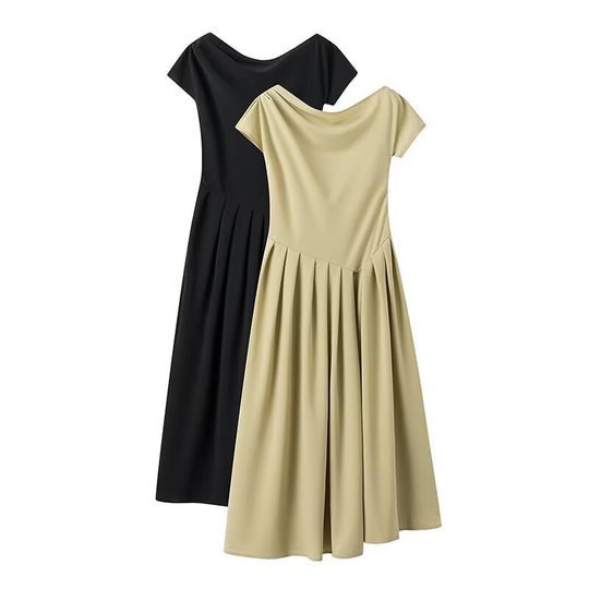Damen Midi-Kleid mit elegantem Faltenrock und offenkantigem Ausschnitt R&B