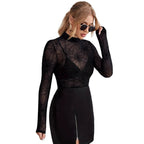 Damen Spitzen Langarmshirt mit Netzstruktur und Spinnenmuster R&B