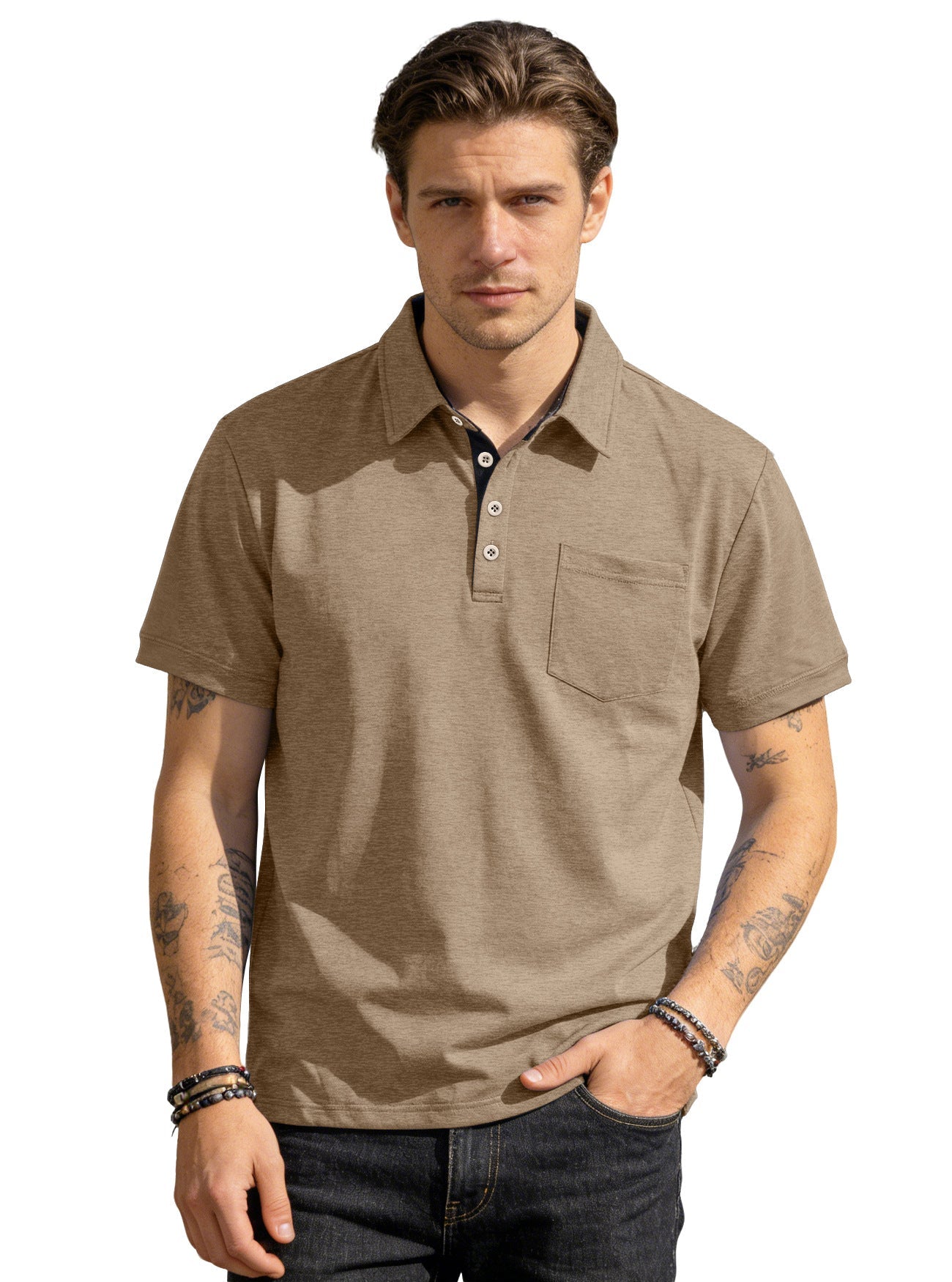 Herren nan Kurzarm-Polokragen-Shirt aus texturiertem Jersey mit Brusttasche und kontrastierter Knopfleiste R&B