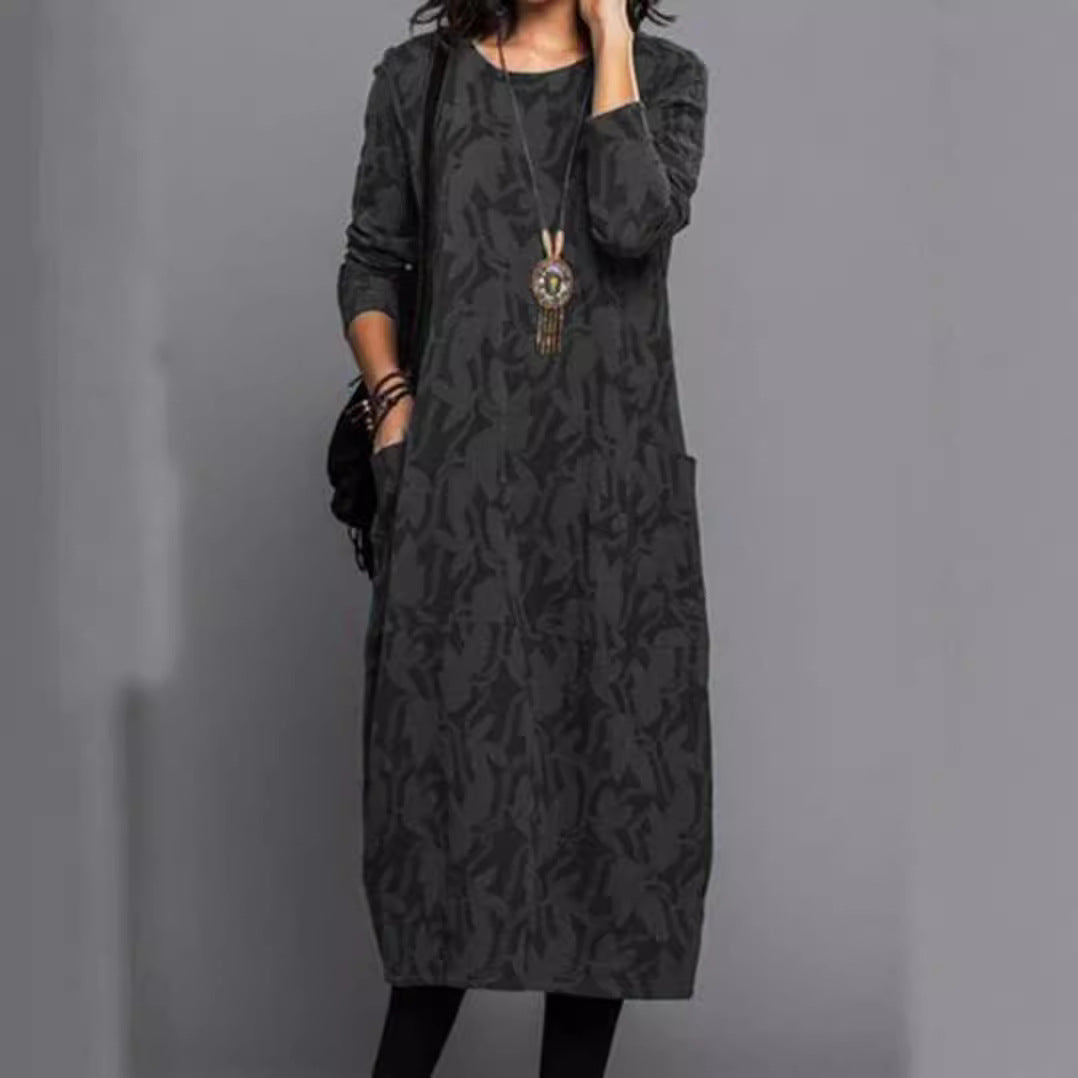 Damen nan locker geschnittenes Midikleid aus Feinstrick mit Ton-in-Ton-Jacquard, Rundhalsausschnitt und seitlichen Eingrifftaschen R&B