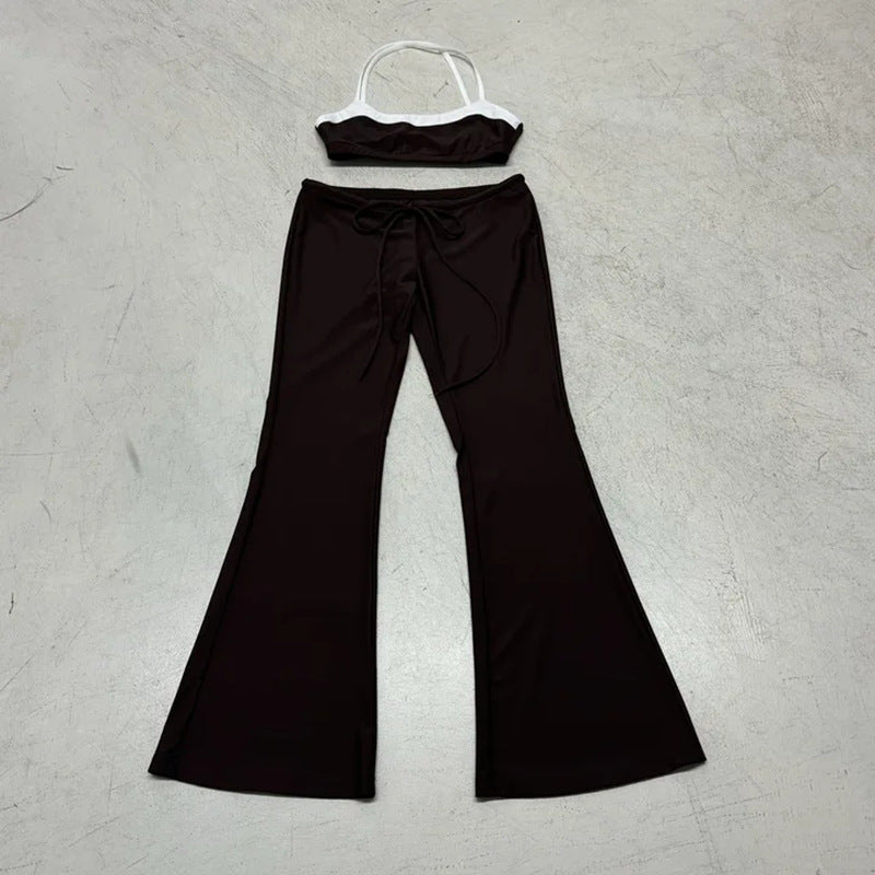 Damen sportliches Flared Set mit Crop-Top und bindbarem Bund R&B
