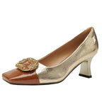 Damen elegante Pumps mit quadratischer Zehenpartie und glanzvollem Schmuckelement