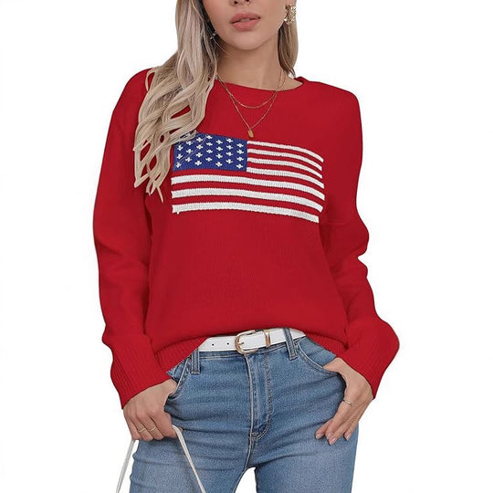 Damen Strickpullover mit Flaggenmotiv und lässigem Schnitt R&B