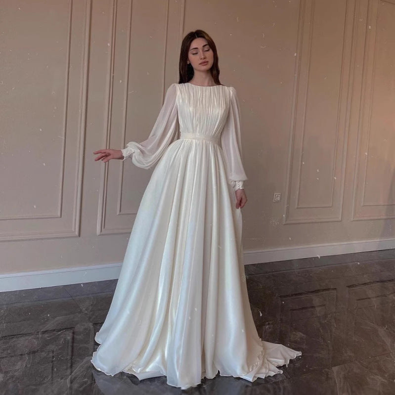 R&B | Durchsichtiges Weißes Hochzeitskleid Rundhalsausschnitt Lange Ärmel Kleid
