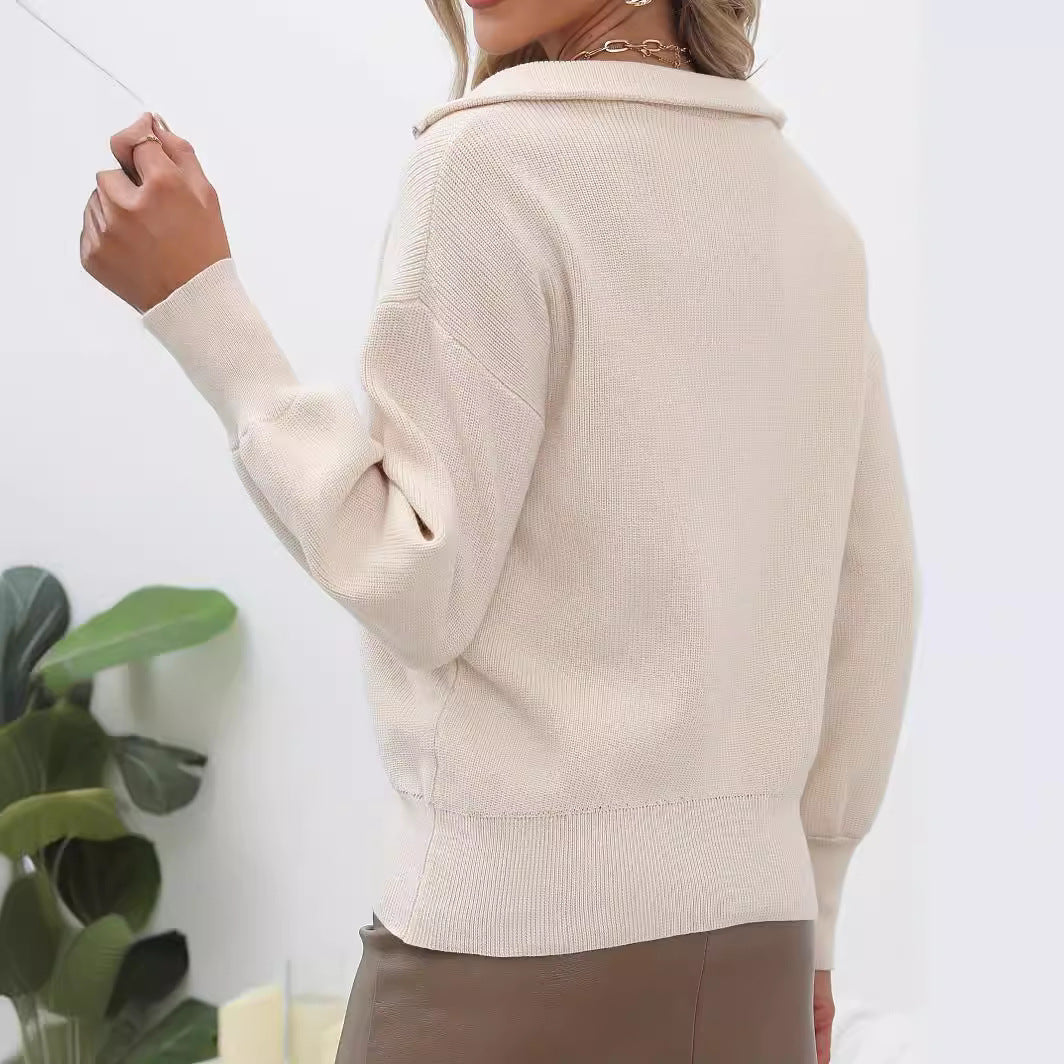 Damen lässiger Pullover mit modernem Zip-Kragen und volumetrischen Ärmeln R&B