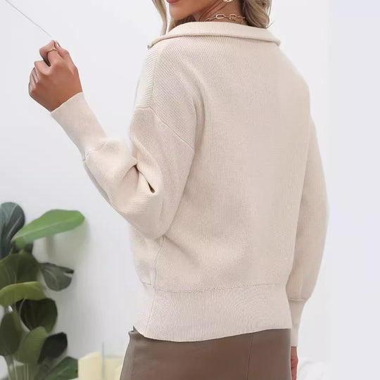 Damen lässiger Pullover mit modernem Zip-Kragen und volumetrischen Ärmeln R&B