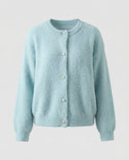 Damen flauschige Kurzstrickjacke im Angora-Optik mit Perlenknöpfen R&B