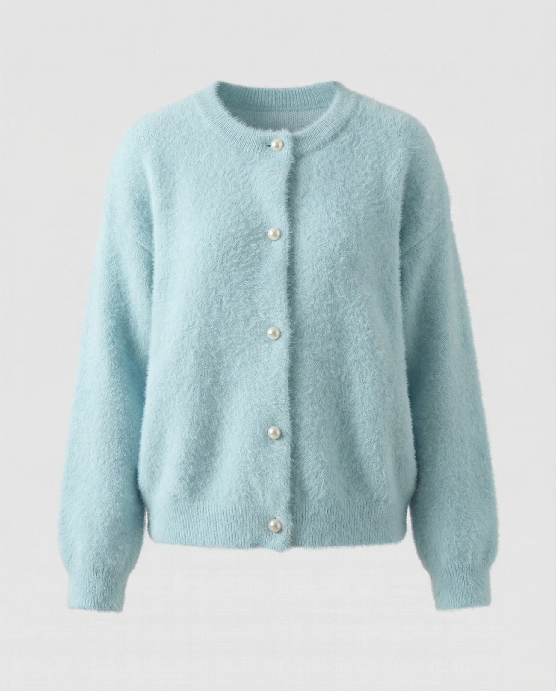 Damen flauschige Kurzstrickjacke im Angora-Optik mit Perlenknöpfen R&B